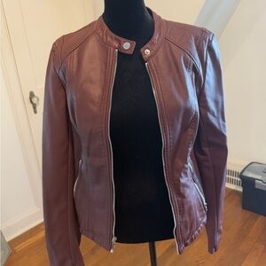 Express Brown Leather Moto Jacket with Stand-Up Collar